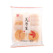 Prawn cracker bag with sliced round crackers and red prawn illustration