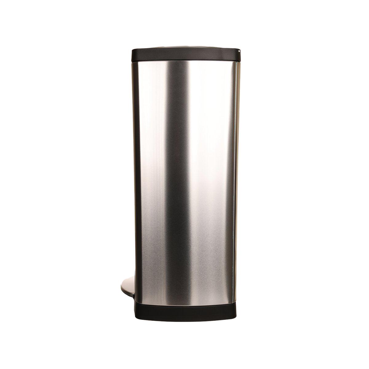 Rectangular step trash can, brushed stainless steel with black top trim and base