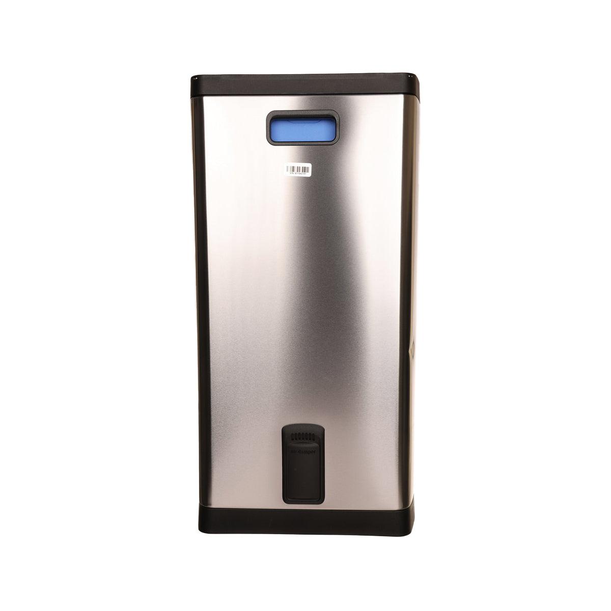 Rectangular step trash can, stainless steel with black panel and blue carry handle