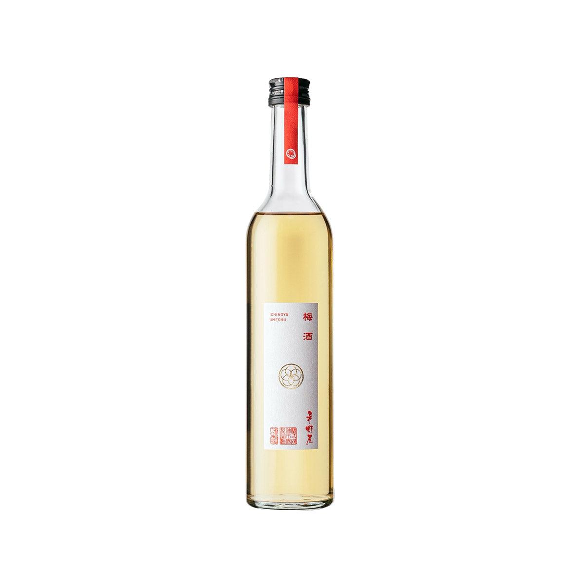 ICHINOYA umeshu liqueur bottle, clear glass with pale amber liquid and red cap