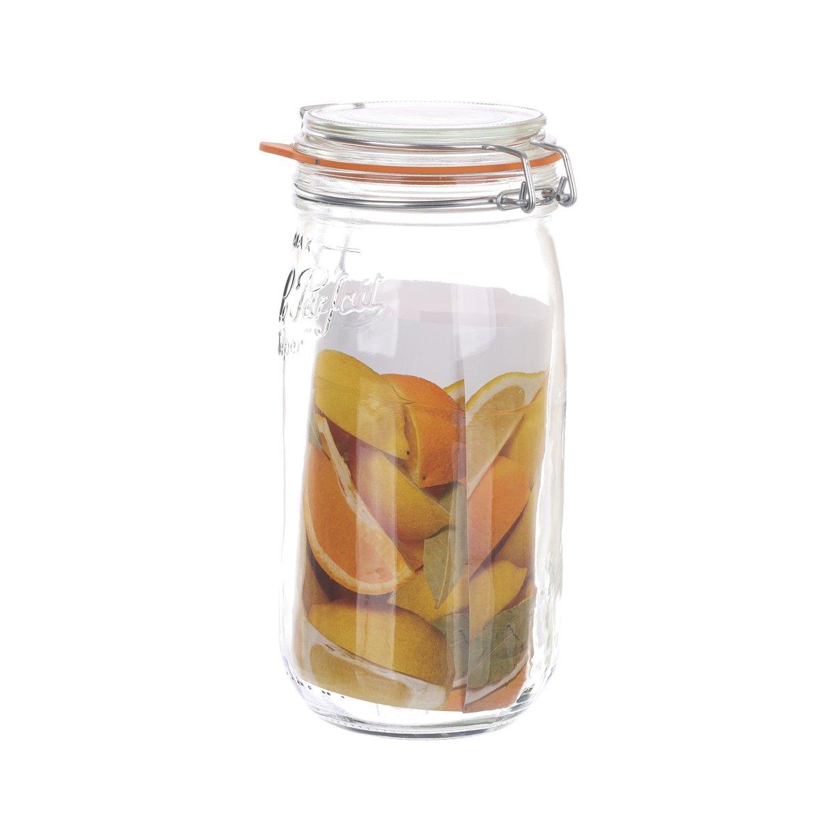 Glass jar bottle with swing-top closure, clear body with orange fruit slices inside
