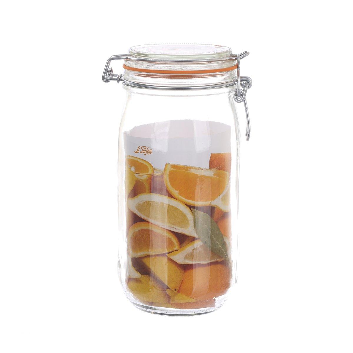 Glass sealed bottle with swing-top lid, clear body filled with orange and yellow slices