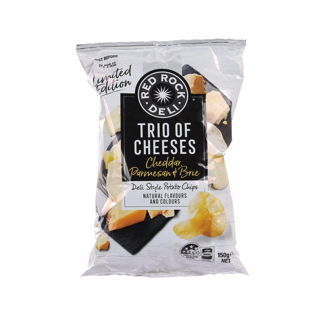 Cheese-flavored potato chips bag, front label with Trio of Cheeses