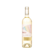 White wine bottle with gold cap, front label artwork and pale yellow liquid