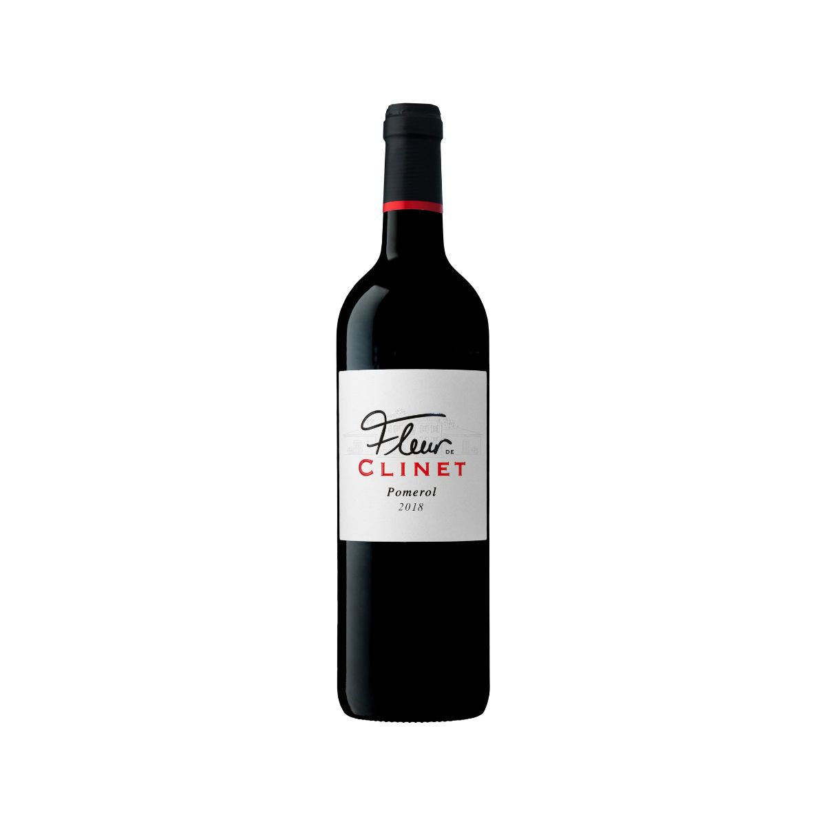 Fleur de Clinet Pomerol 2022 wine bottle, dark red glass, white label with red text