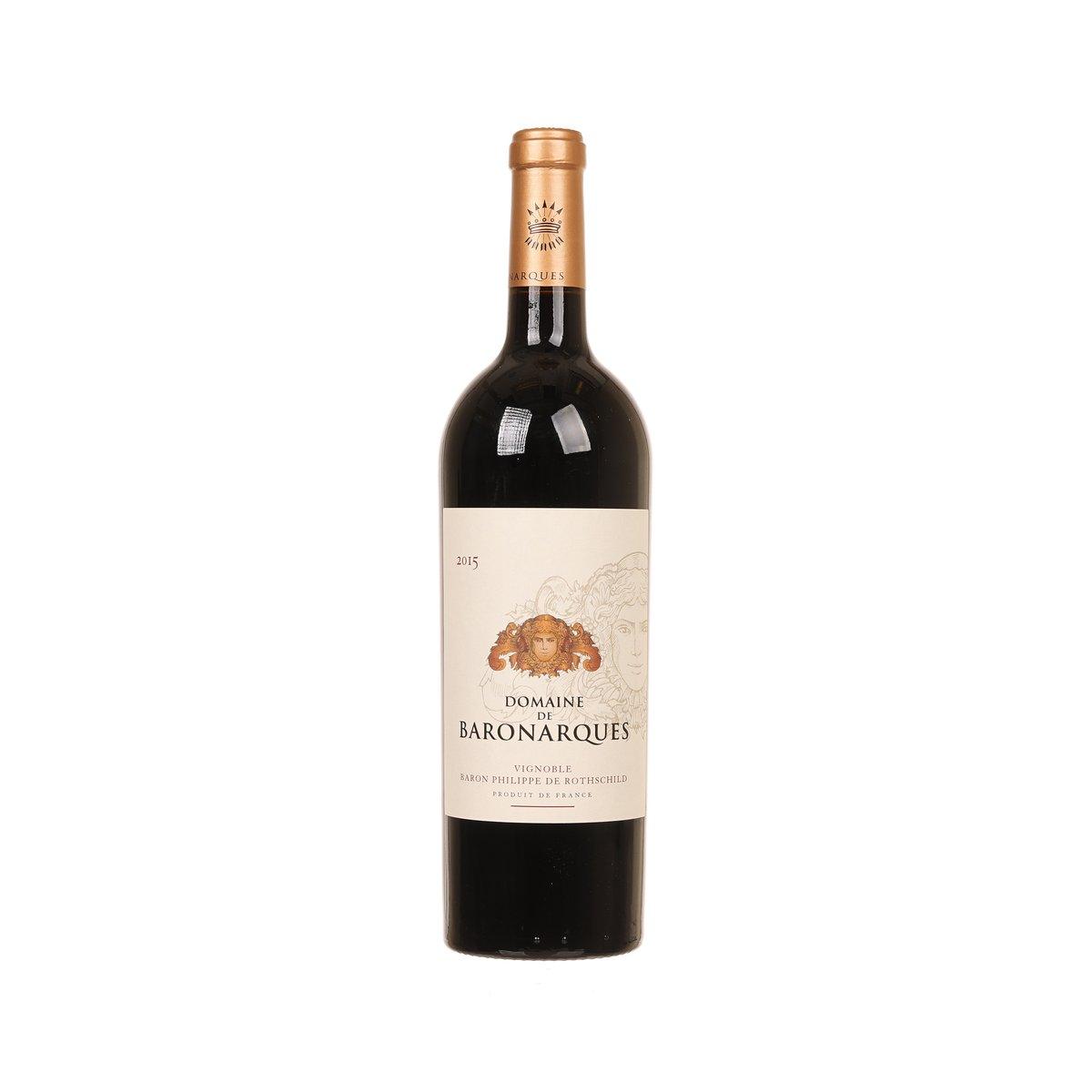 2015 red wine bottle with gold foil and front label, DOMAINE BARONARQUES Limoux