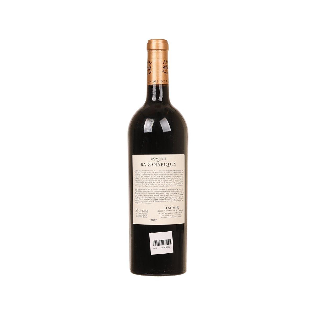 Red wine bottle back label with barcode, DOMAINE BARONARQUES Limoux 2015
