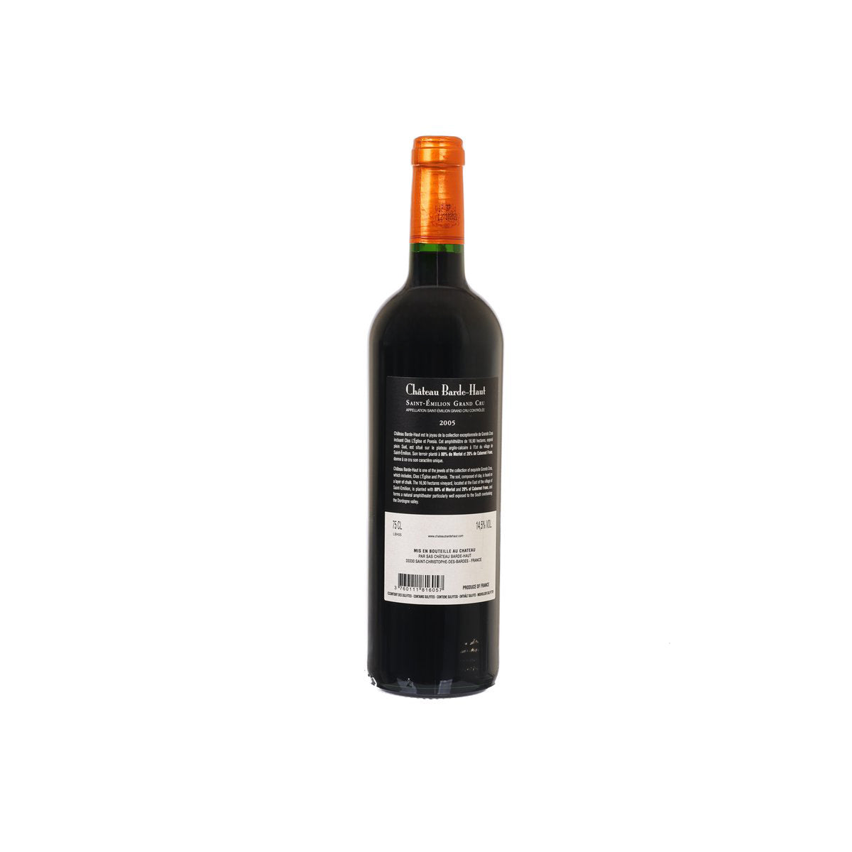 Wine bottle with back label text, dark glass and orange foil neck