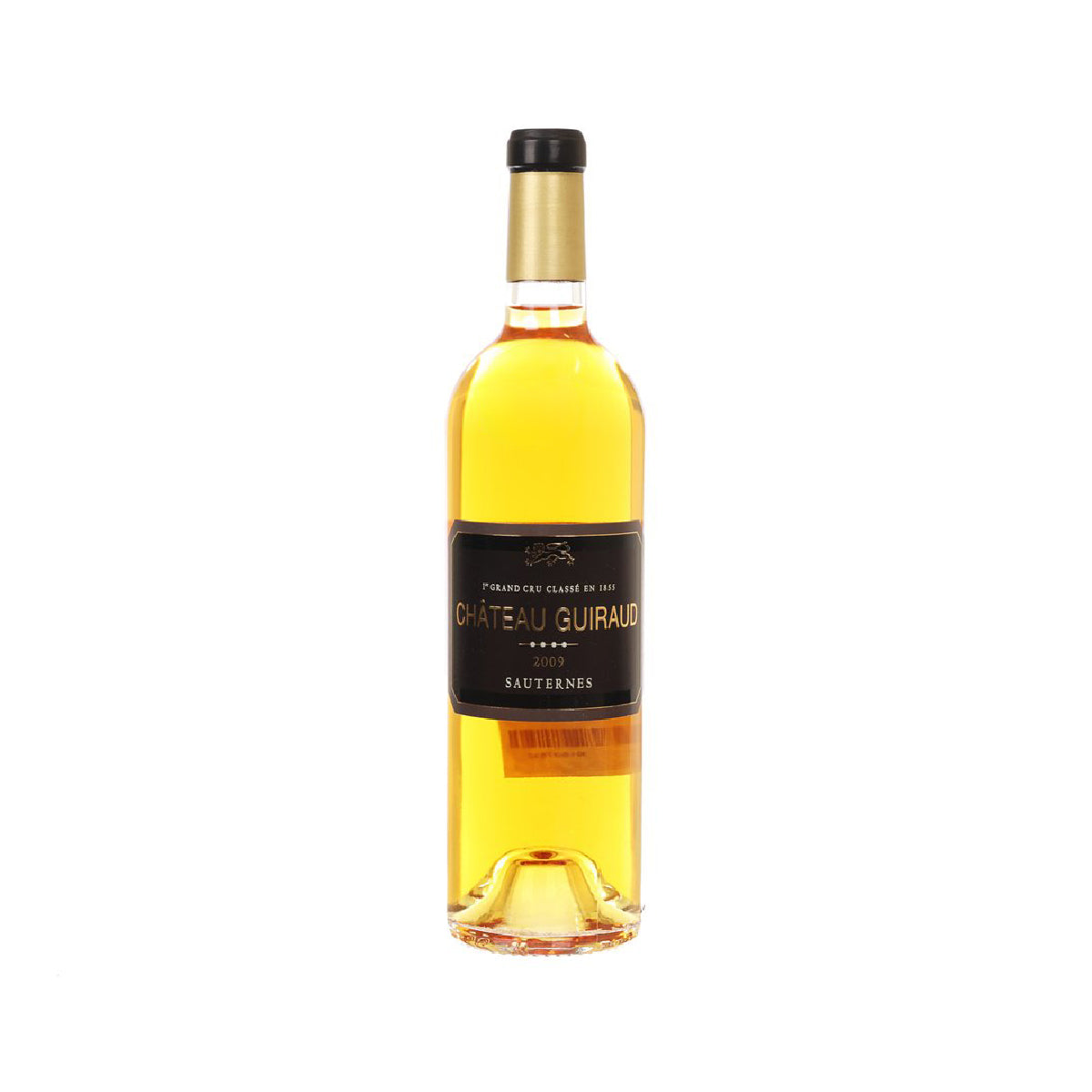 Sauternes wine bottle, gold glass with black label and black foil cap