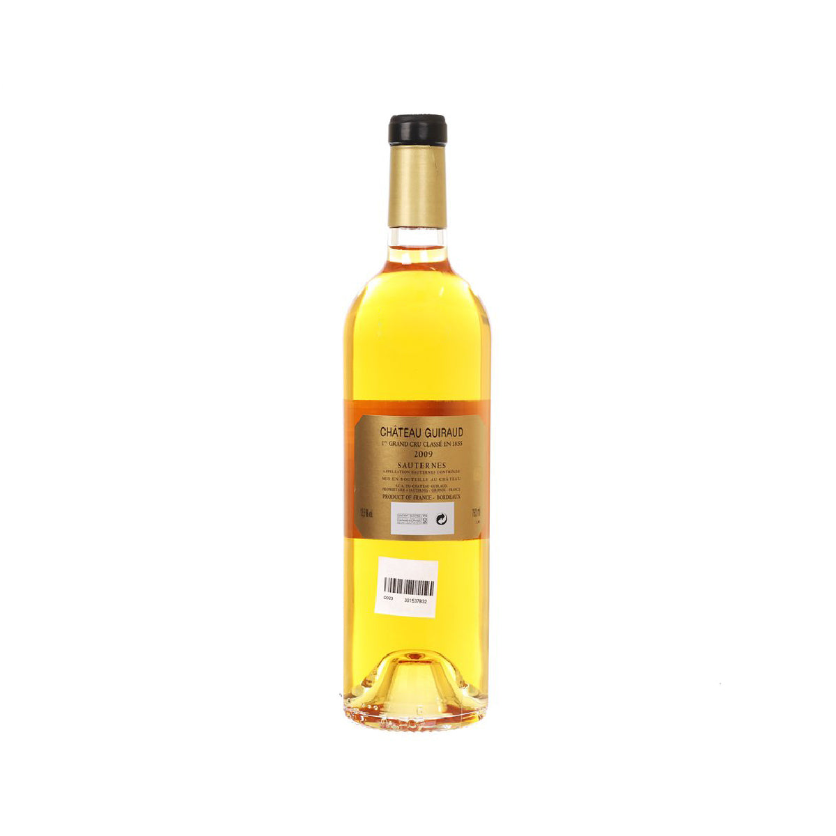 Sauternes wine bottle back, gold glass with back label and black foil cap