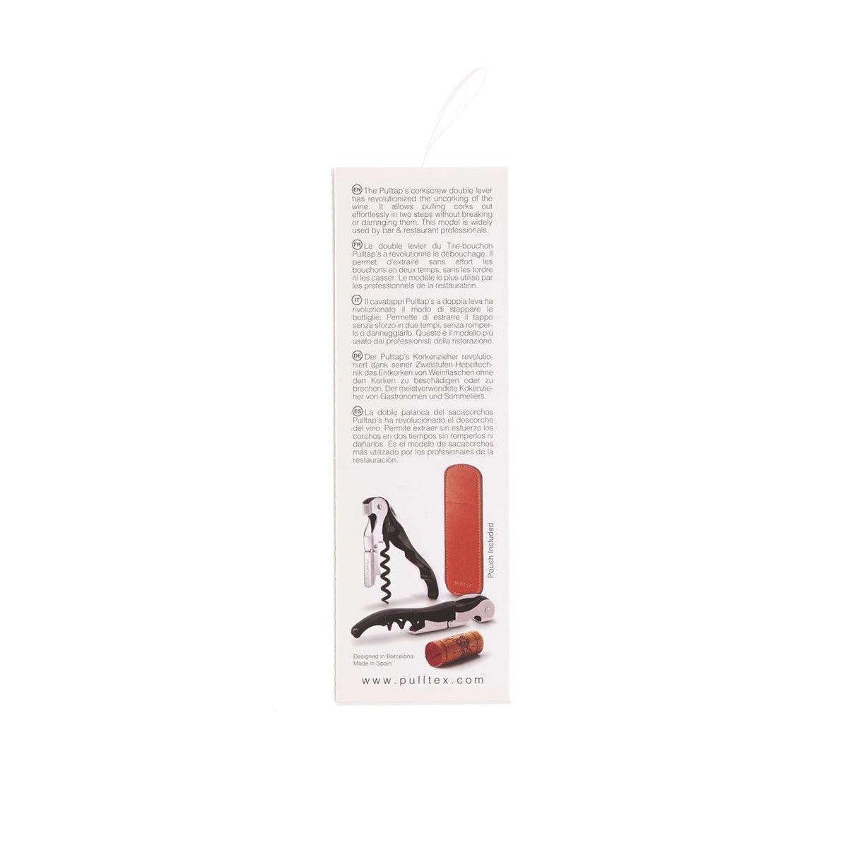 Pulltex corkscrew retail box back with product instructions and corkscrew graphic