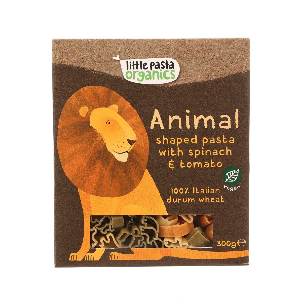 Organic animal-shaped pasta box with lion graphic, spinach & tomato, 300g