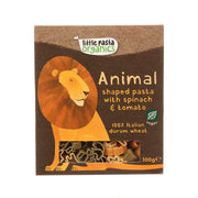 Organic animal-shaped pasta box with lion graphic, spinach & tomato, 300g