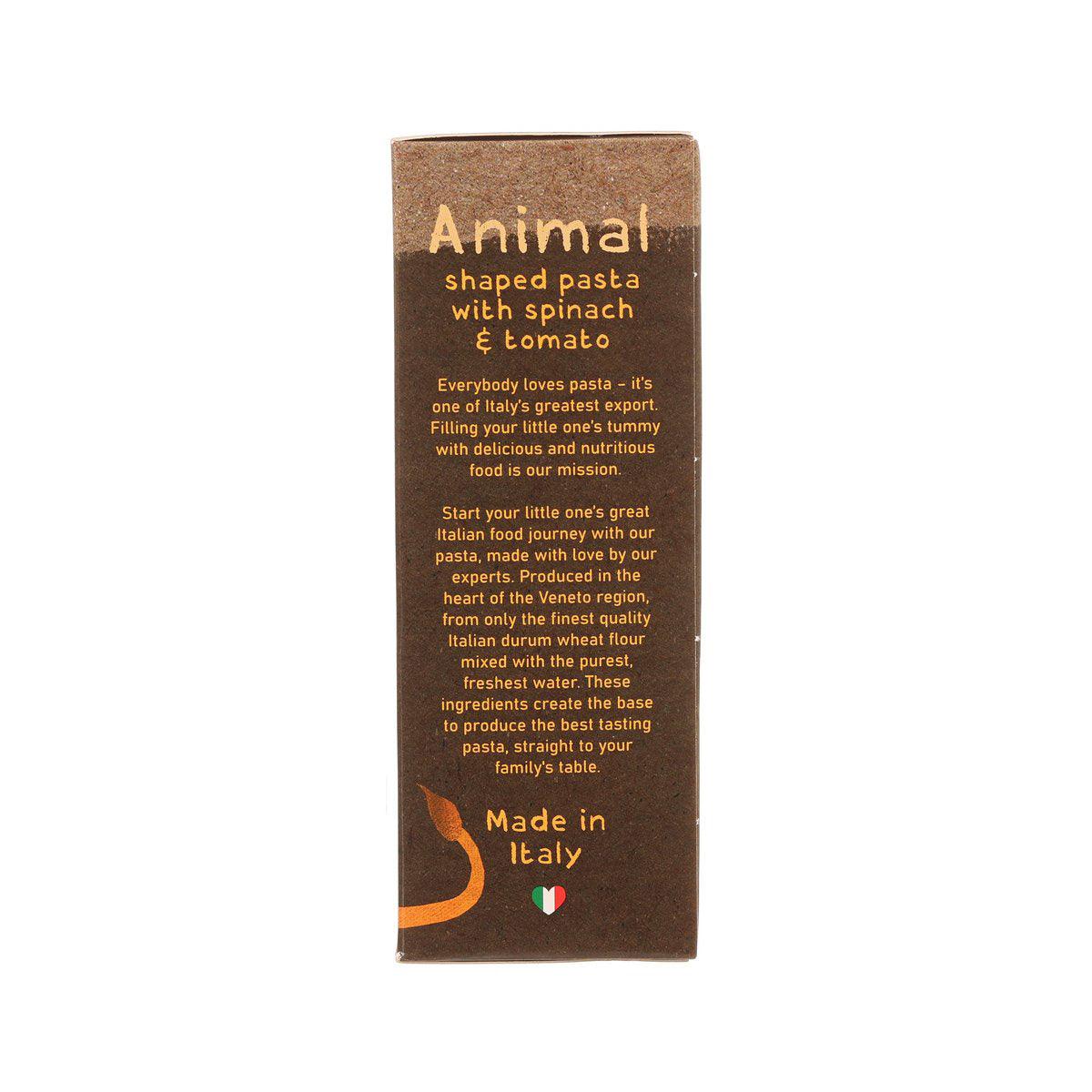 Organic animal-shaped pasta box, back panel text for spinach & tomato