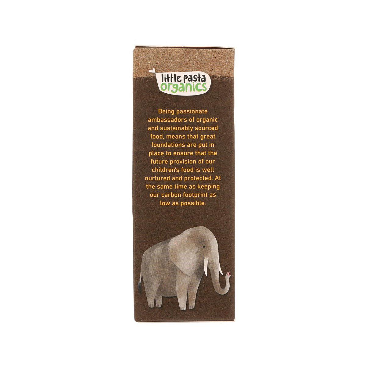 Organic animal-shaped pasta box with elephant graphic and brand story text