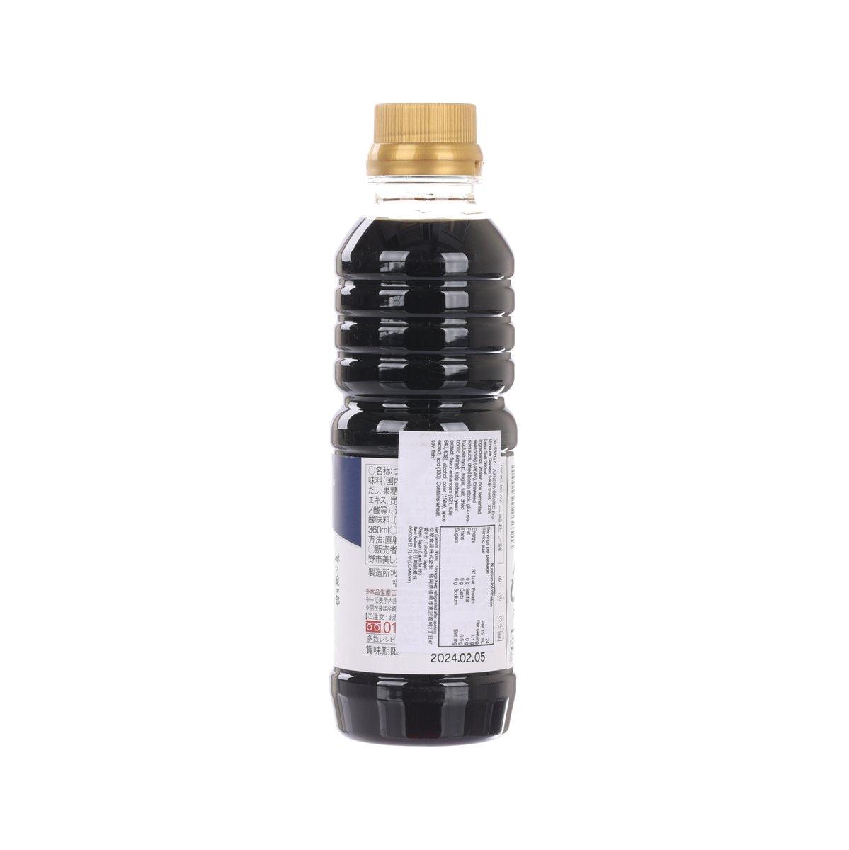 AJINOHYOSHIRO 33% less salt soup stock bottle, gold cap, back label text visible