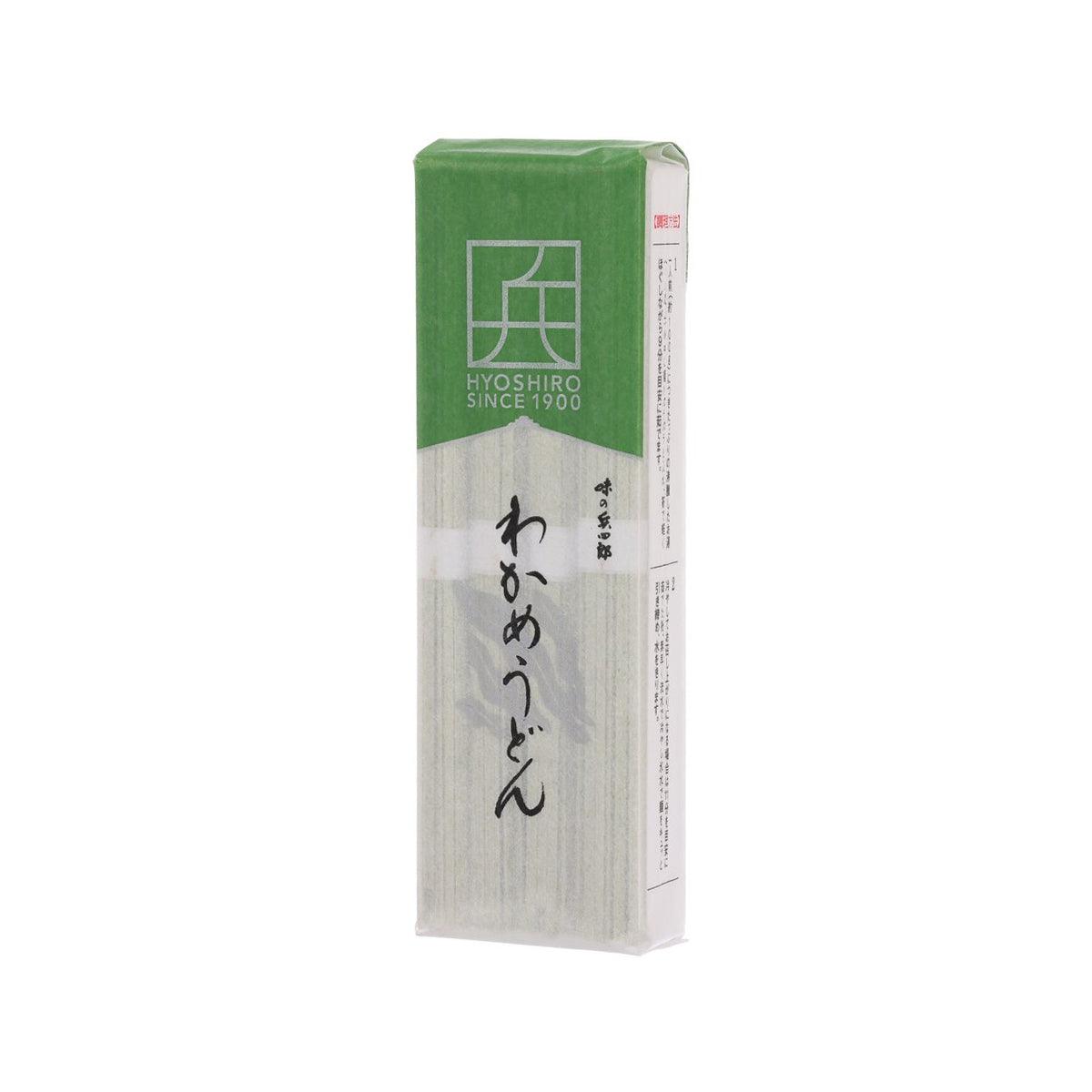 Wakame seaweed udon noodle package, green front with side text and barcode