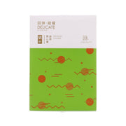 Pistachio cookies box, white and green with illustrated cookie pattern and brand logo