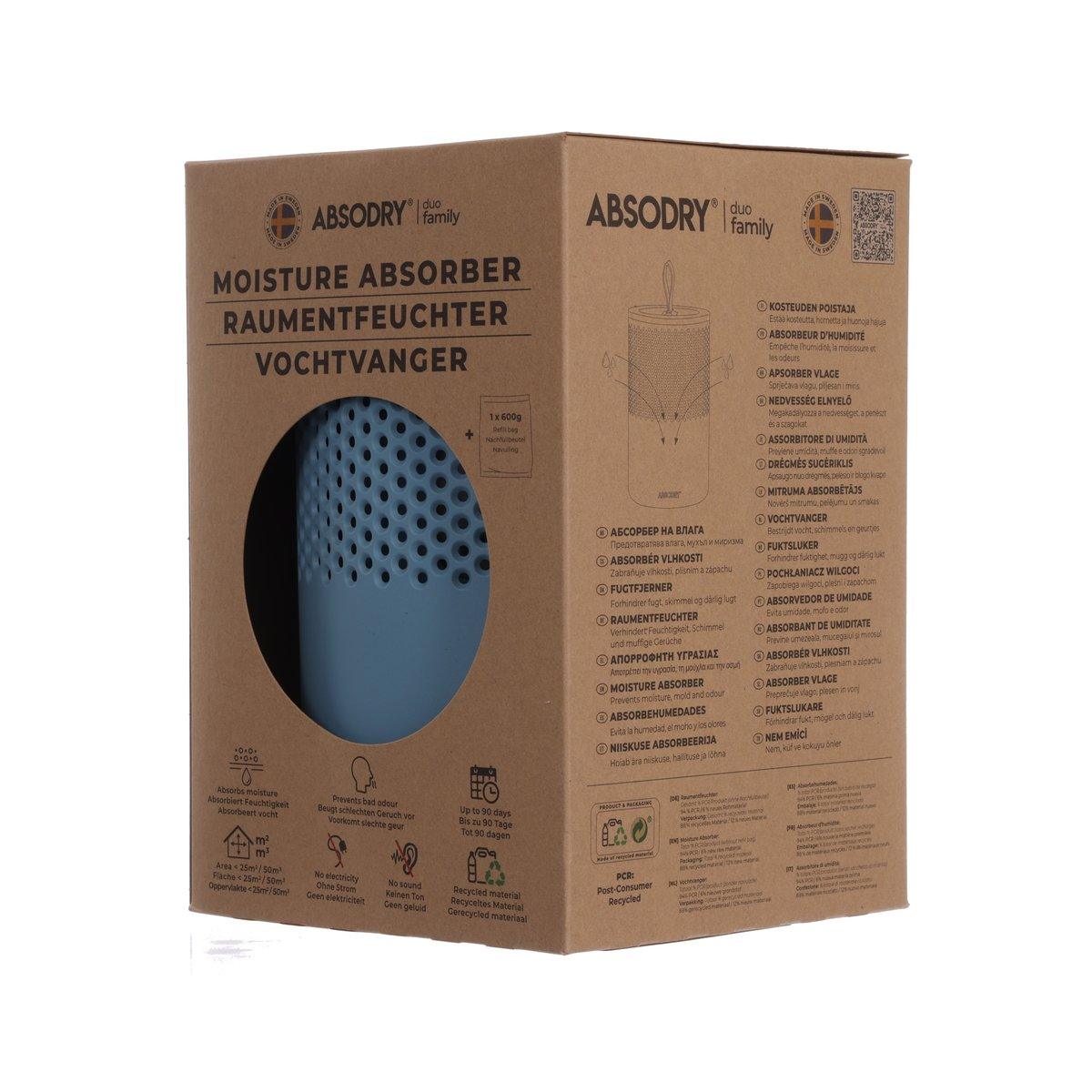 Moisture absorber bag package shown side view with blue perforated oval window