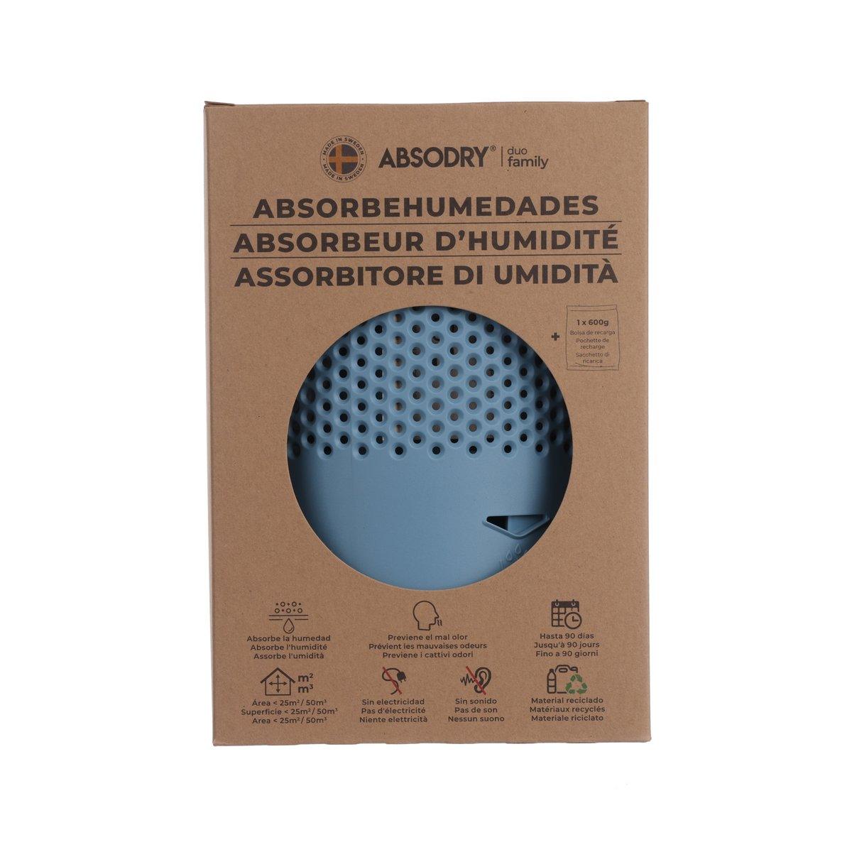 Moisture absorber bag package with blue circular fan-like perforations and hang tab
