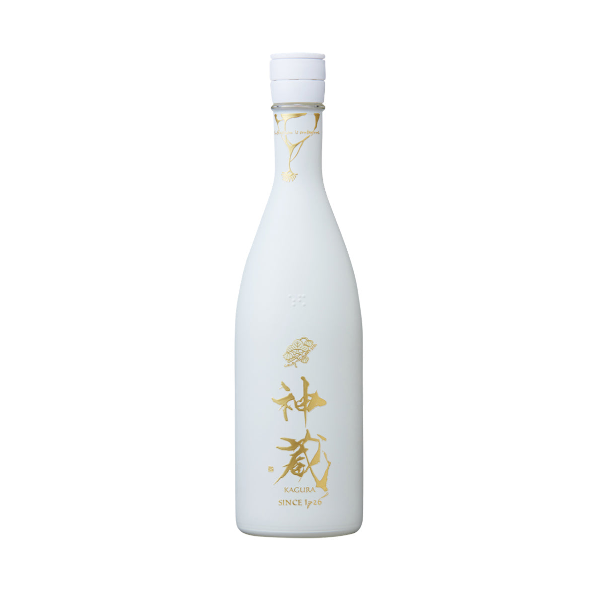 KAGURA Junmai Daiginjo sake bottle, clear white glass with gold crest label, 720 mL