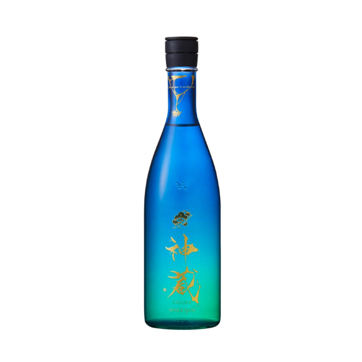 Midnight blue sake bottle with black cap and gold character label on glass