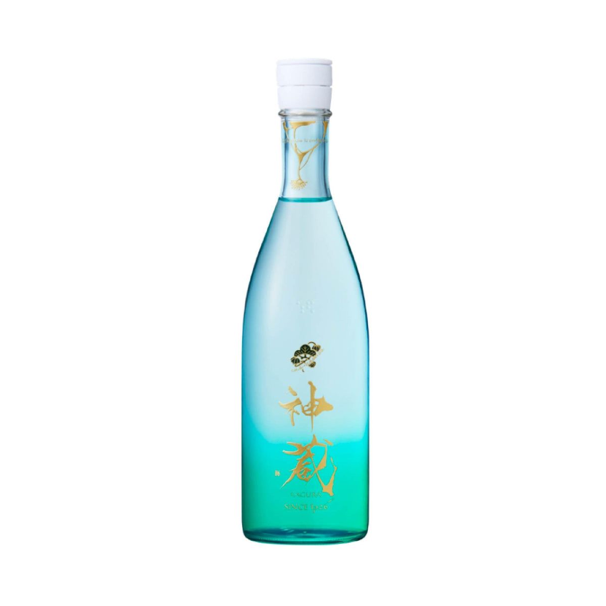 KAGURA clear junmai sake bottle with pale blue liquid and white cap