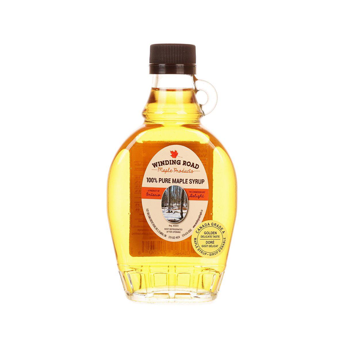 WINDING ROAD golden maple syrup bottle with brown cap, front label view.