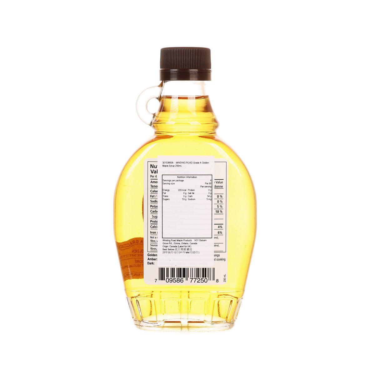 WINDING ROAD golden maple syrup bottle with brown cap, back label and barcode.