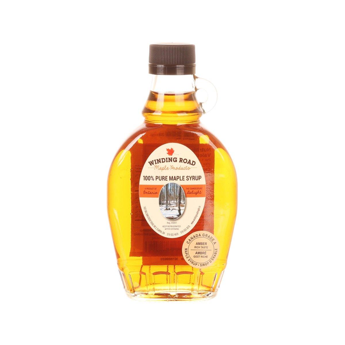WINDING ROAD amber maple syrup bottle, 250 mL, brown glass with screw cap