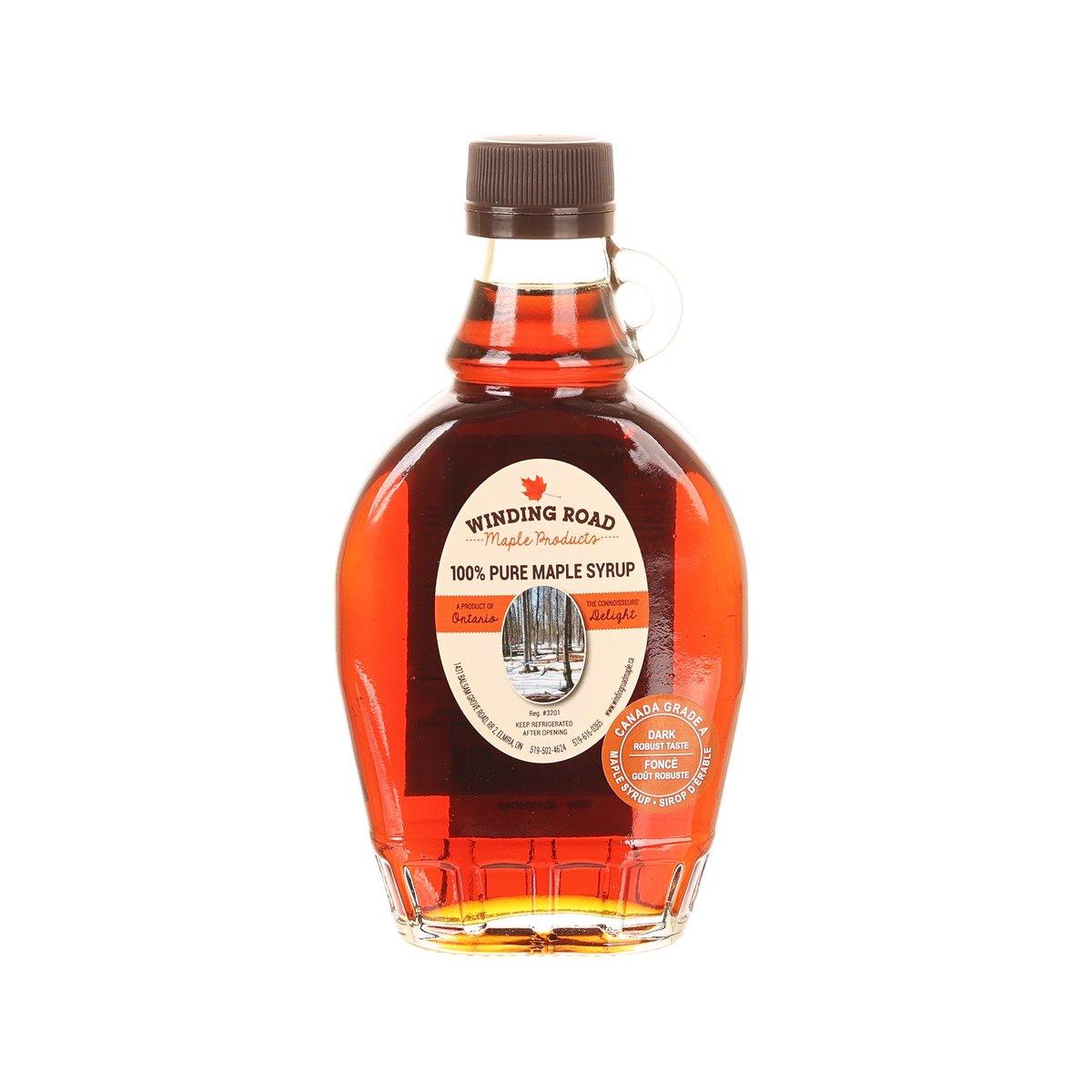 WINDING ROAD dark maple syrup bottle, Grade A, brown cap, front label