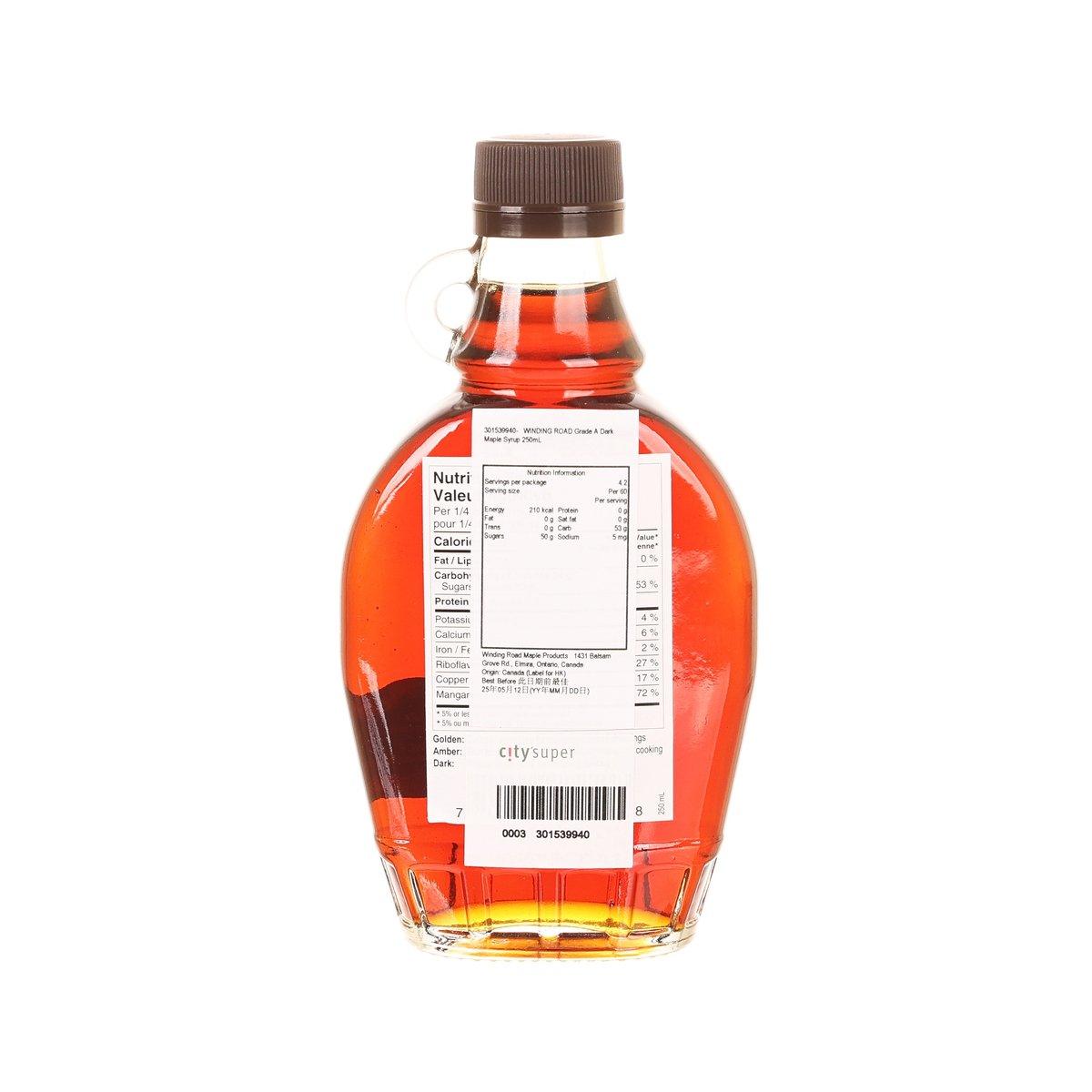 WINDING ROAD dark maple syrup bottle, brown cap, back label with nutrition table