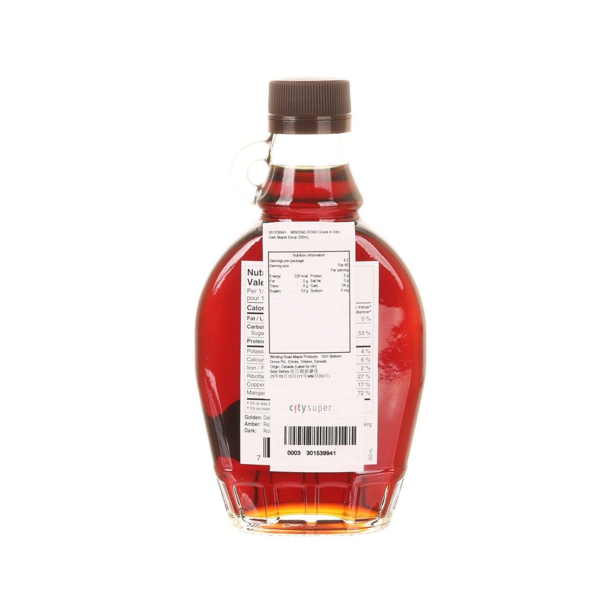 WINDING ROAD very dark maple syrup bottle, back label and nutrition panel