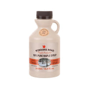 Amber maple syrup bottle with dark cap and front label, 500 mL