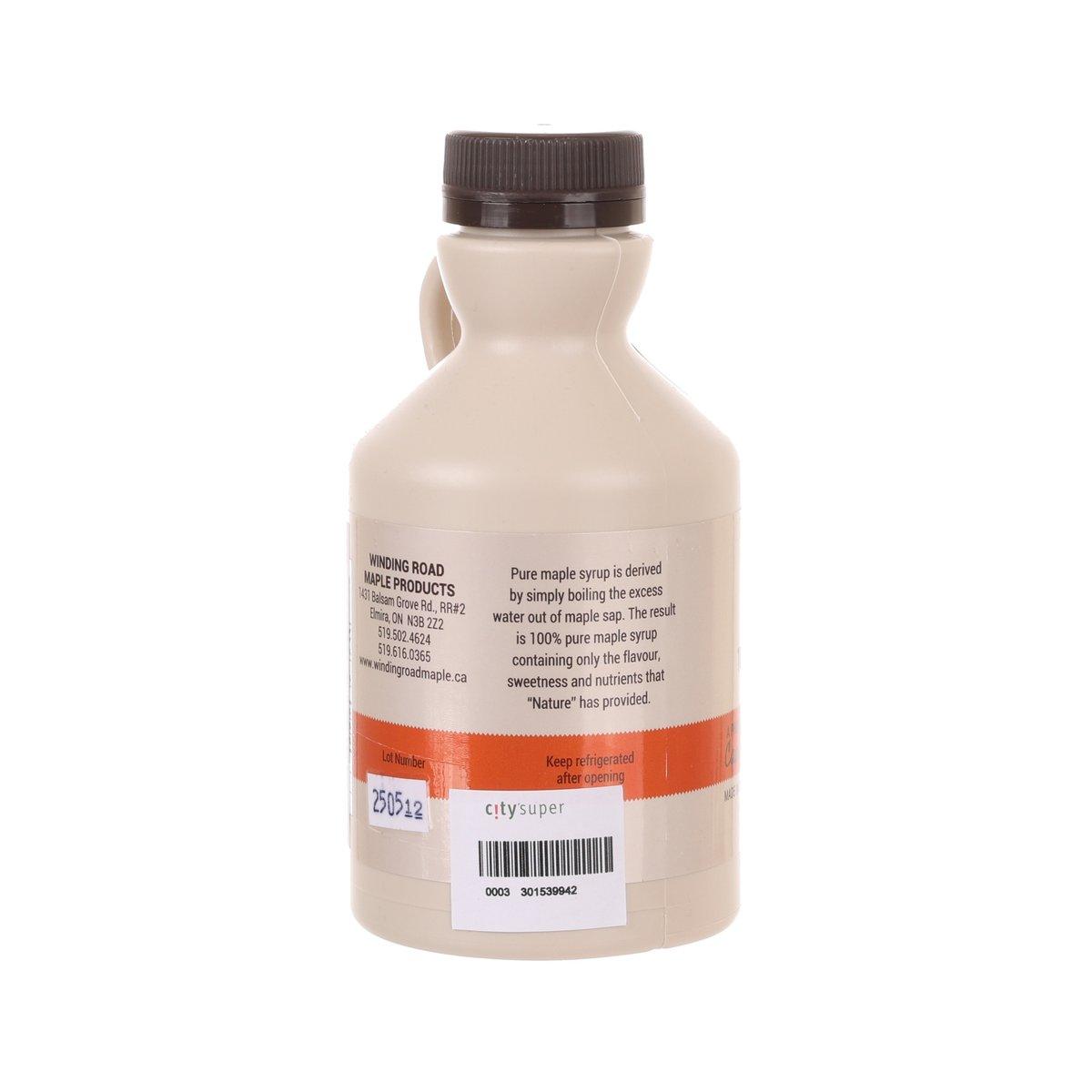 Amber maple syrup bottle with ingredients label and dark cap, 500 mL