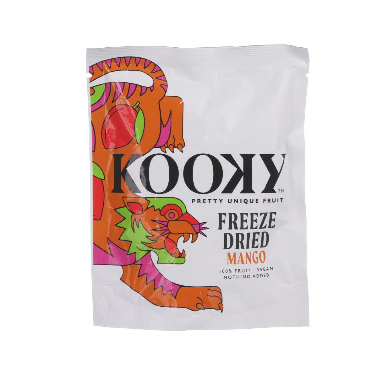 White KOOKY freeze-dried mango pouch with colorful dinosaur graphic and front label.