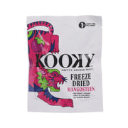 Freeze-dried mangosteen snack in a white KOOKY branded pouch