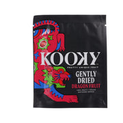 KOOKY gently dried dragon fruit snack pouch, black with colorful dragon fruit artwork