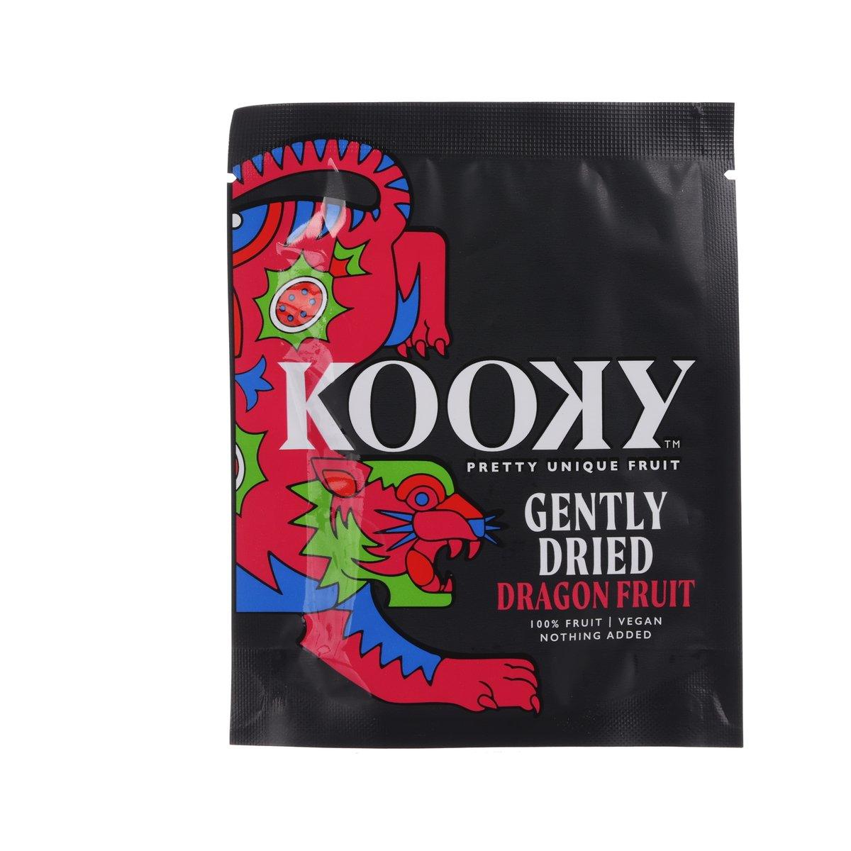 KOOKY gently dried dragon fruit snack pouch, black with colorful dragon fruit artwork
