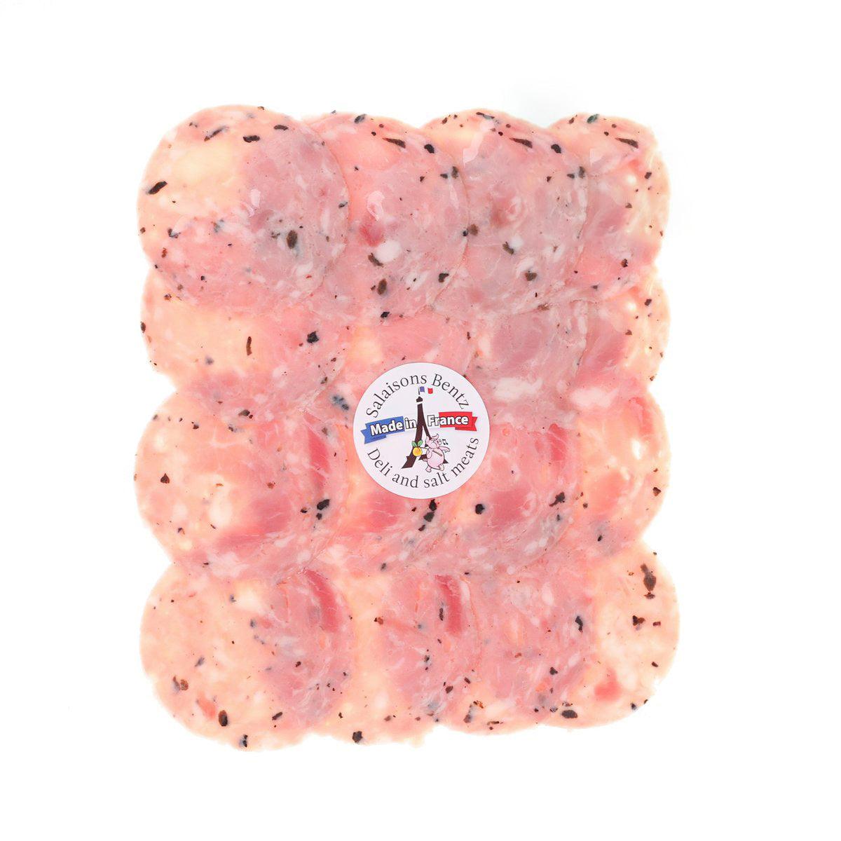 Cooked ham sausage with truffle, pink cured meat with dark herb specks