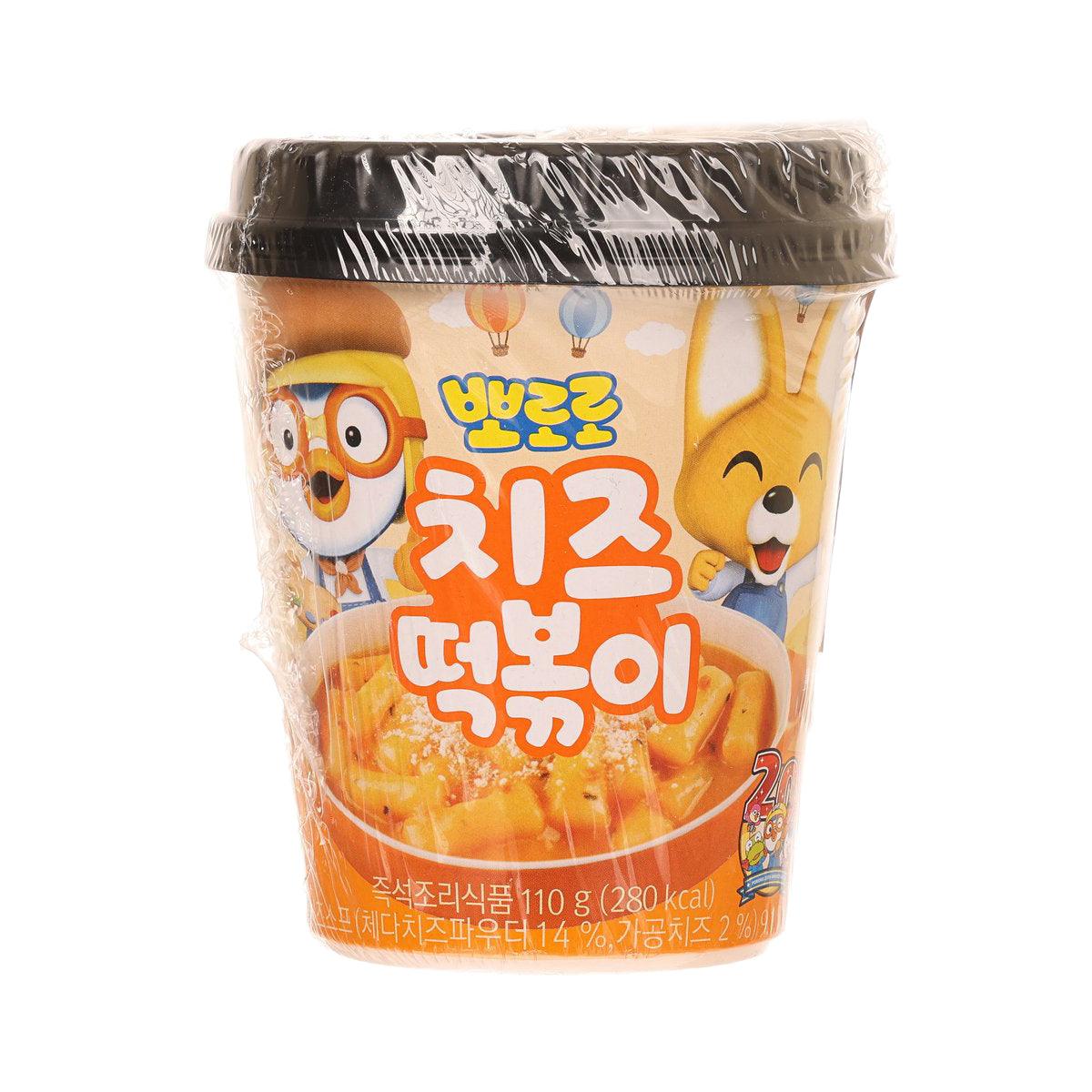 GRU Pororo cheese tteokbokki cup, orange label with cartoon characters, 110g