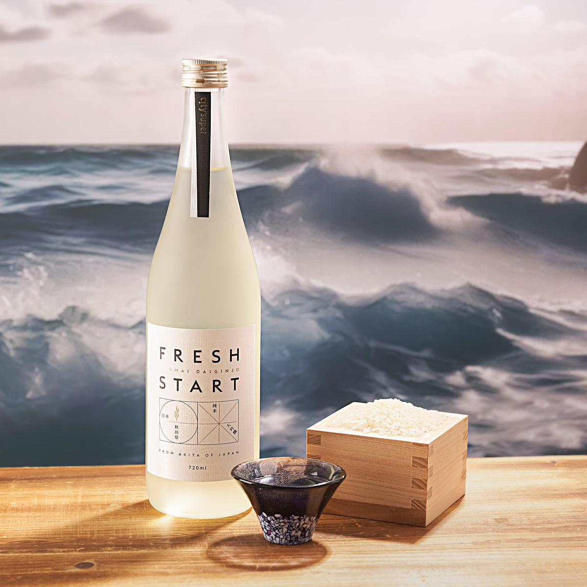CITYSUPER Fresh Start junmai daiginjo sake bottle with ceramic cup and wooden box