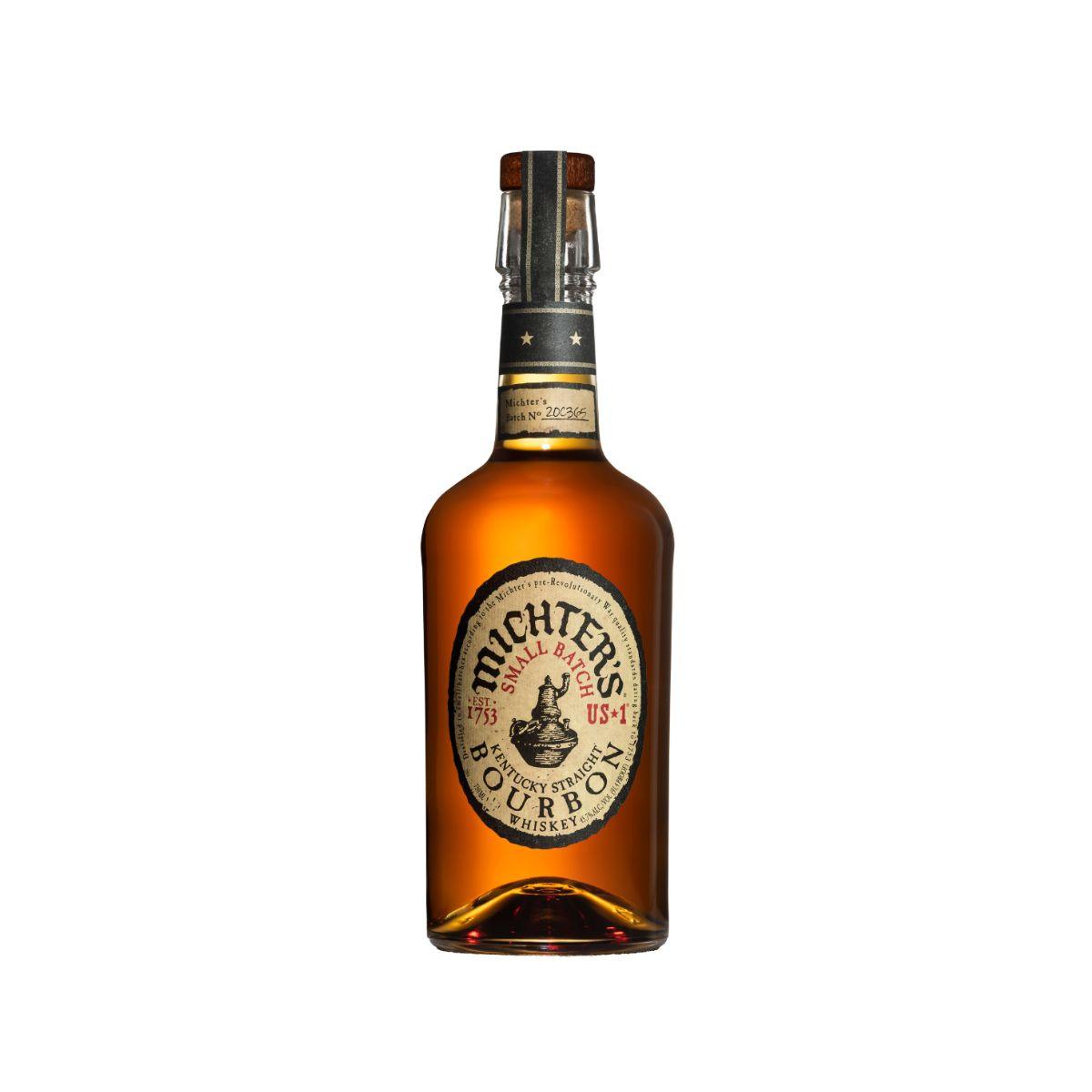 Amber bourbon whiskey bottle with MICHTER'S US*1 label and cork top
