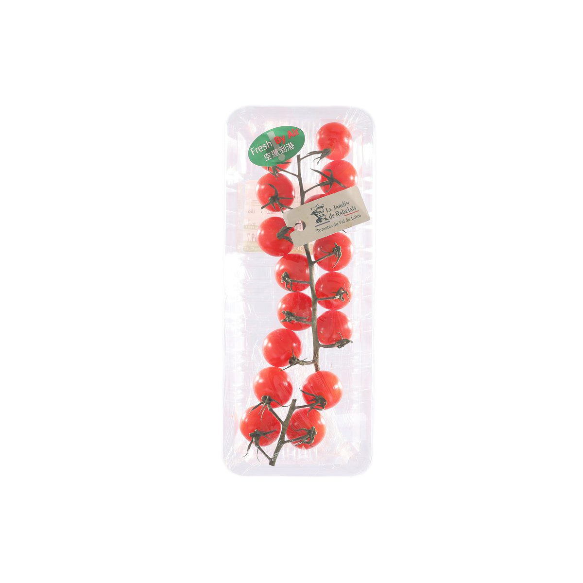 Plastic-wrapped cherry tomato vine with red tomatoes and green stems