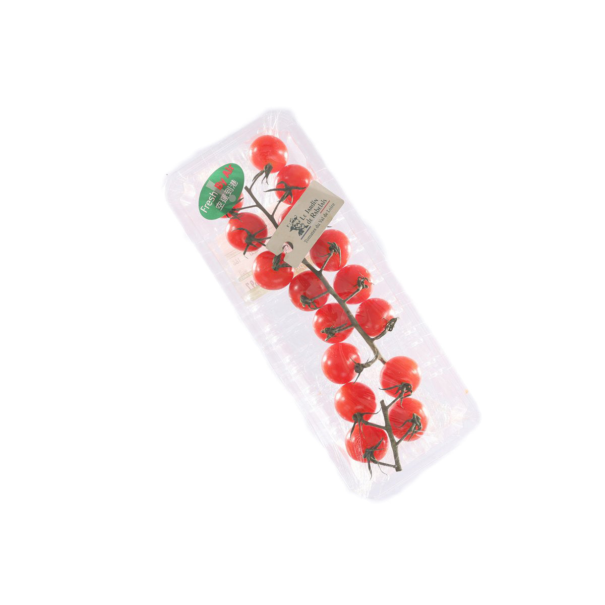Plastic-wrapped cherry tomato vine with red tomatoes and green stems