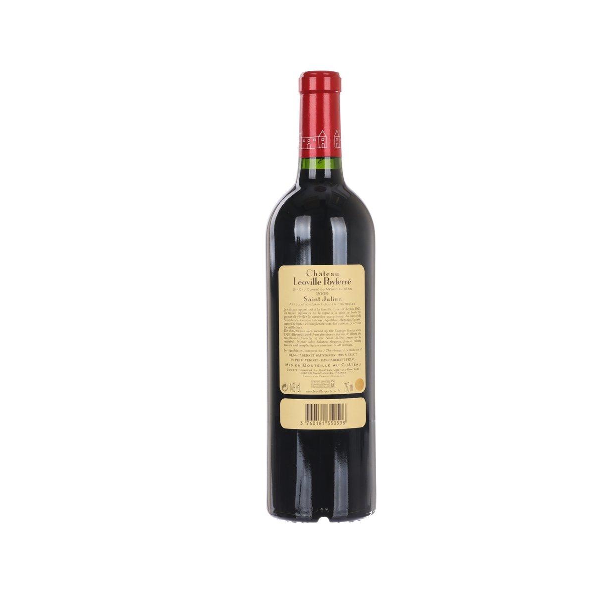 Red wine bottle with back label of Chateau Leoville Poyferre, Saint-Julien 2009
