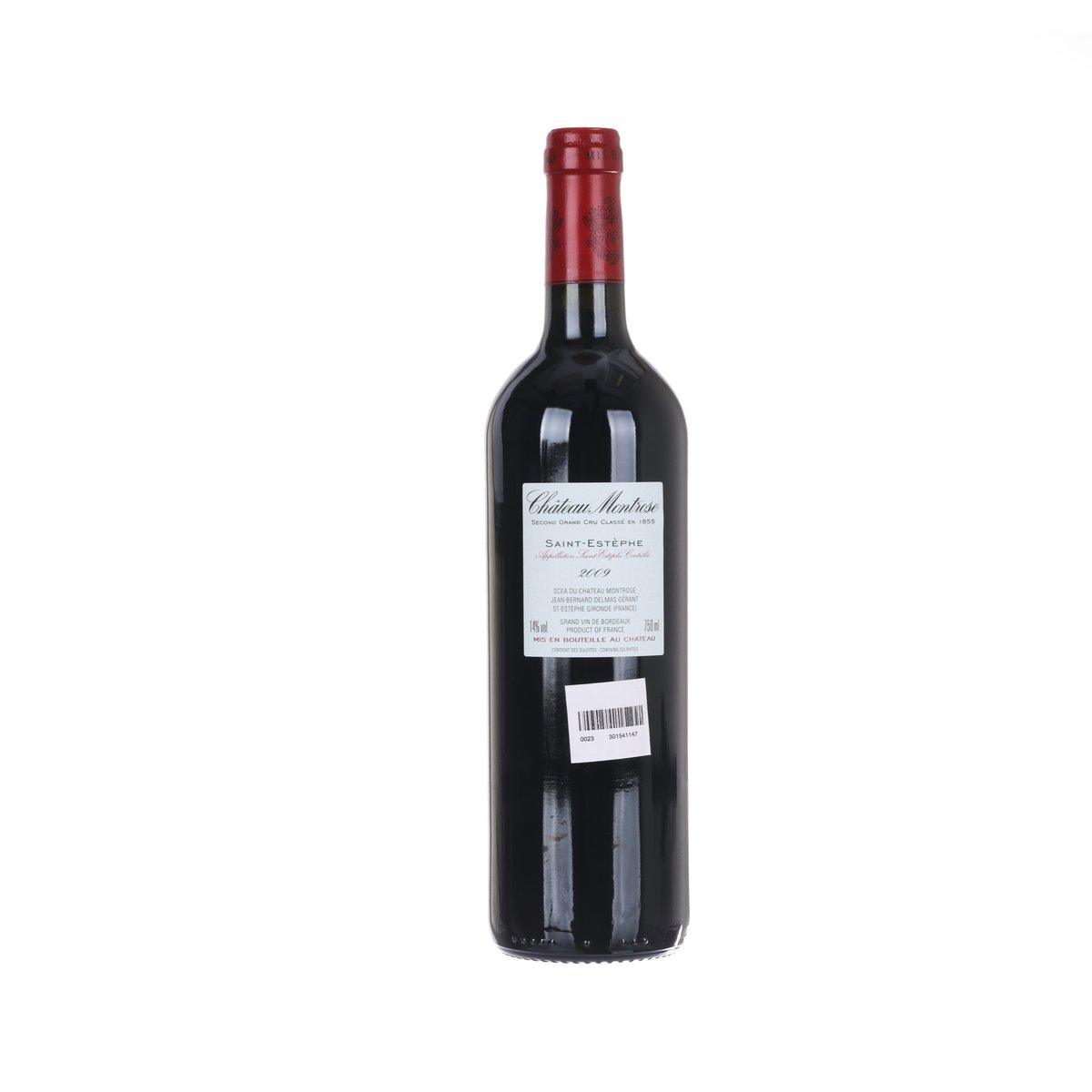 Red wine bottle with back label and barcode, Saint-Estephe 2009, 750 mL