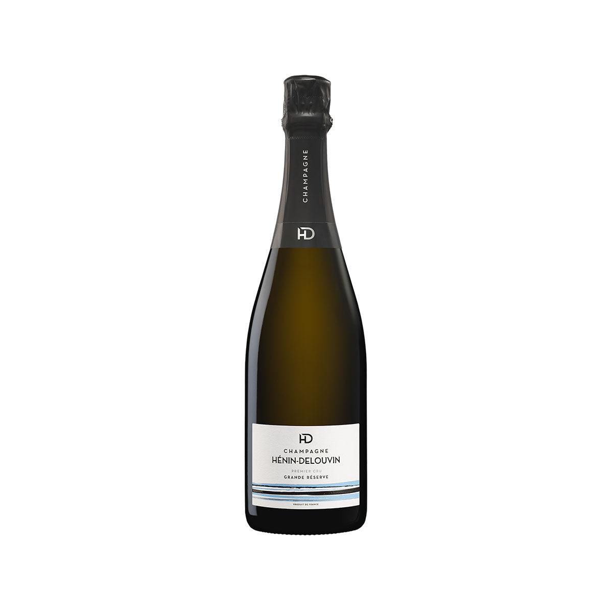 HENIN DELOUVIN Grande Reserve NV champagne bottle, dark label and black foil neck