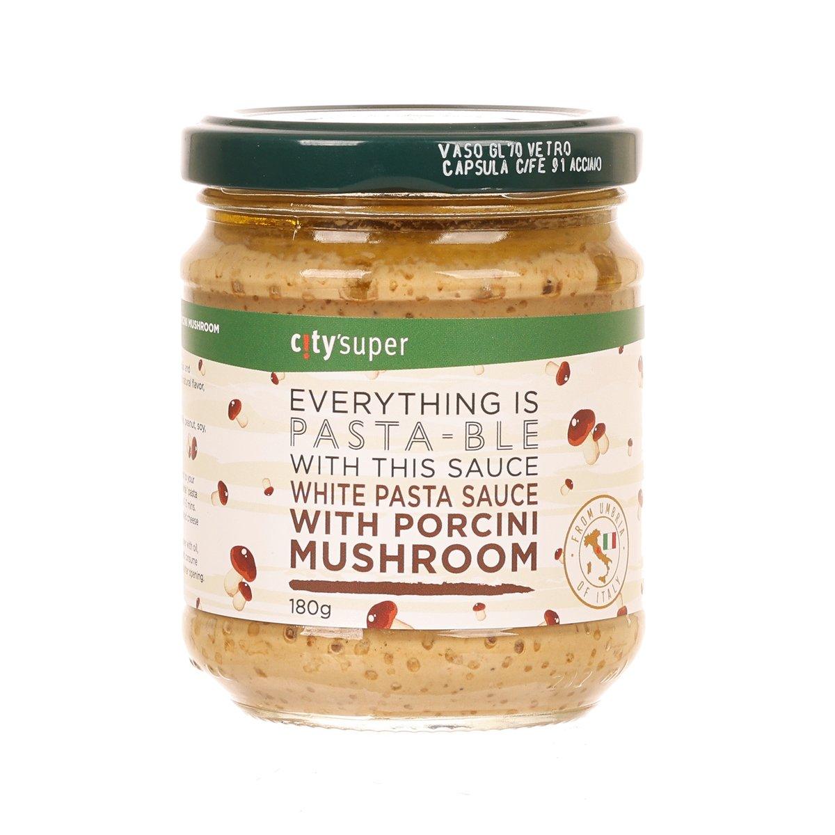 Porcini mushroom white pasta sauce jar, front label, 180g