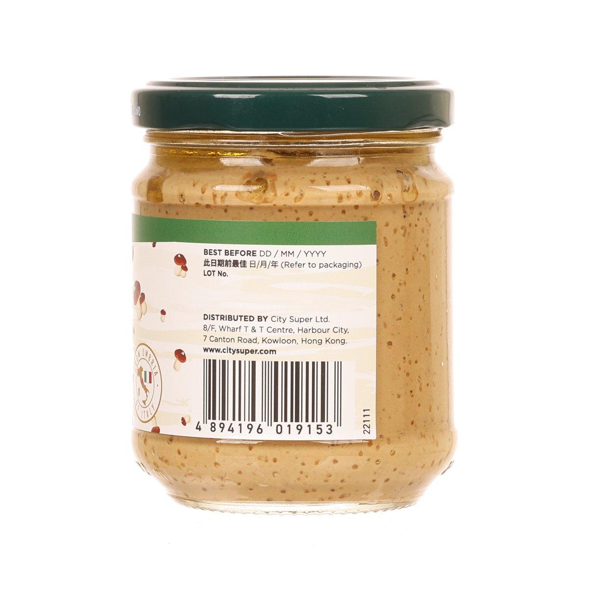 Porcini mushroom white pasta sauce jar, barcode and lot information label
